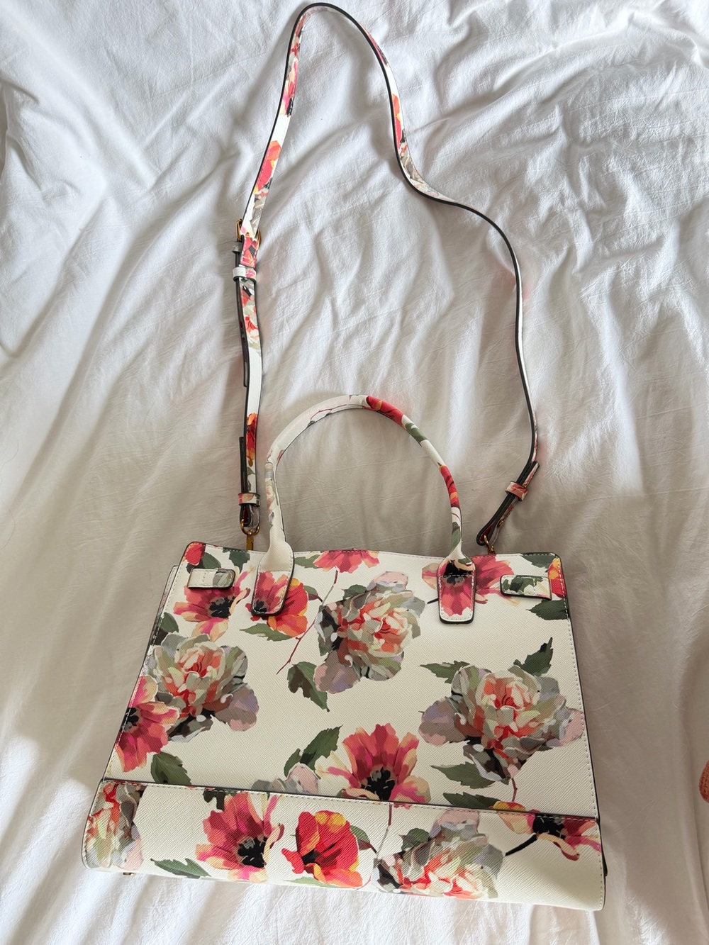 Love & Lord Floral Print Satchel Handbag in White and Pink - Picture 2 of 6